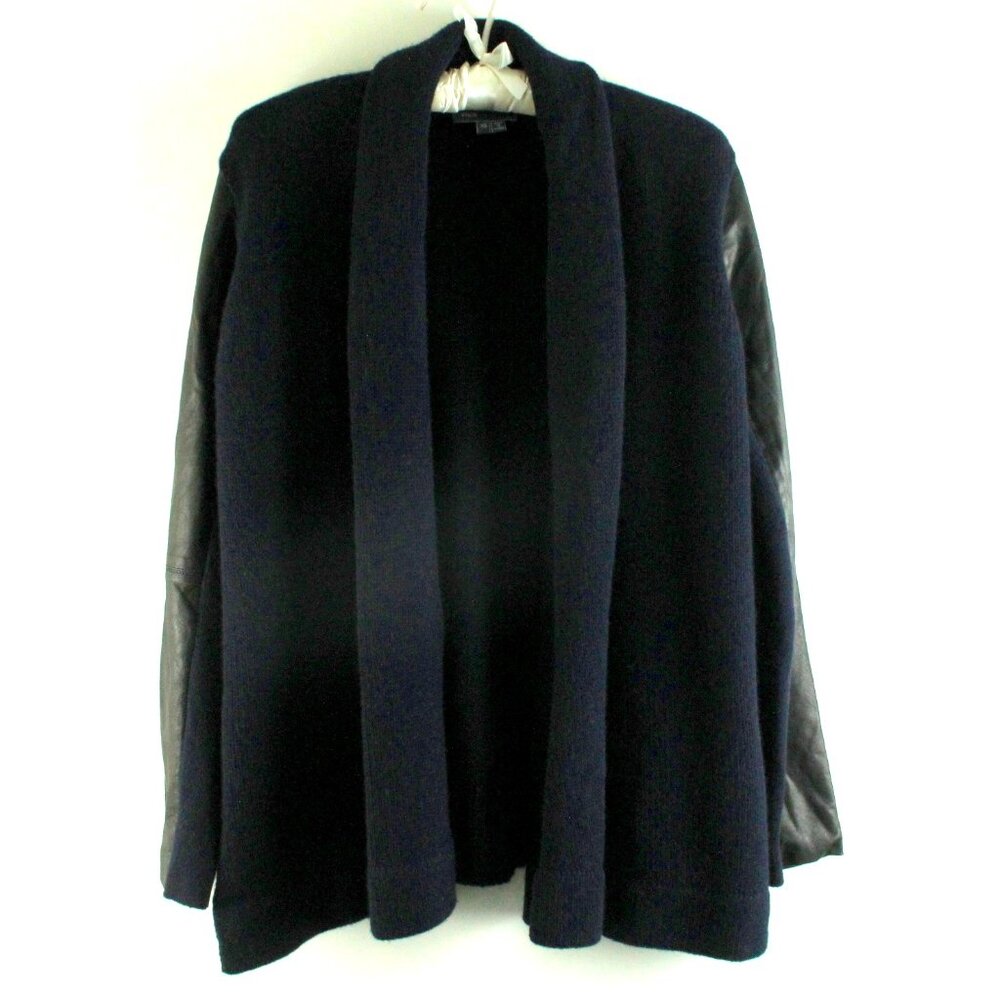 Vince Leather Sleeve Draped Jacket Navy Blue Black Sleeve Sweater Cardigan XS
